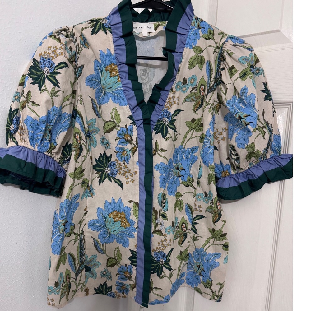 Entro Floral Puff Sleeve Ruffle V-Neck Cotton Blouse Large Cottage Feminine Boho